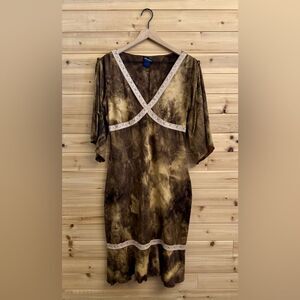 Y2K Candies Size Large Brown Tie Dye Lace Trim Flutter Elbow Sleeve Midi Dress